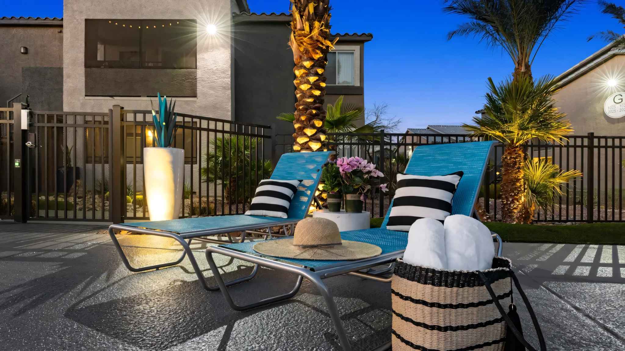 close up evening view of two pool loungers under a palm tree at Millennium East