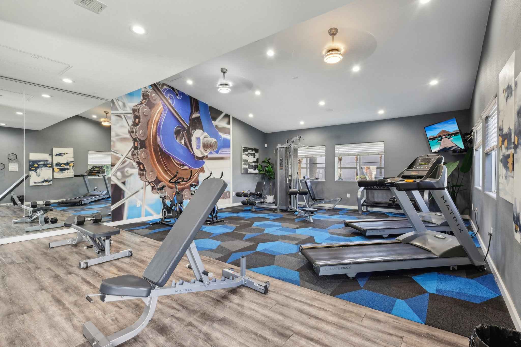 full view of gym with tv and mirrors on the wall at Millennium East